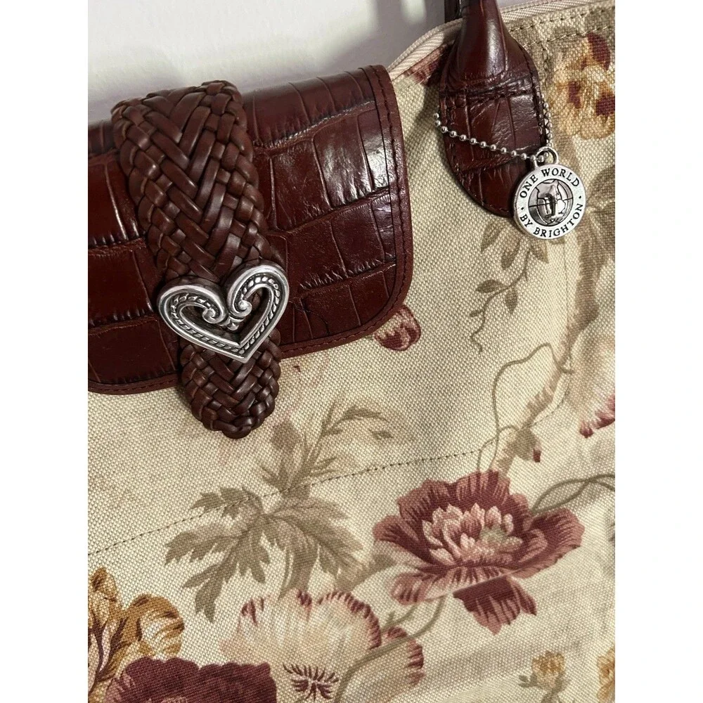 Brighton Floral Tapestry Tote Bag Brown Leather Croc Heart Charm Shoulder Purse